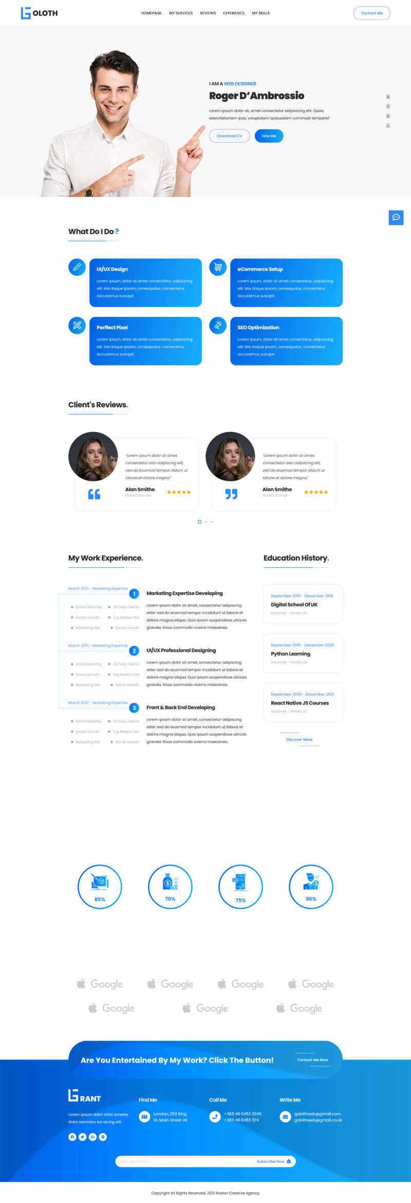 bootstrap多功能响应式个人简历单页html模板 - 火火兔电子商城