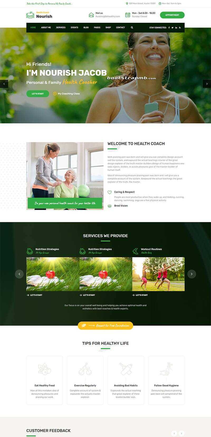 Bootstrap绿色的健康指导生活服务网站html模板 - 火火兔电子商城